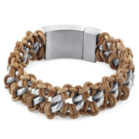 Stainless Steel Chain Tan Leather Bracelet for Men & Women - Trendy Boho Chic Jewelry Gift for Casual Wear & Everyday Fashion Accessories