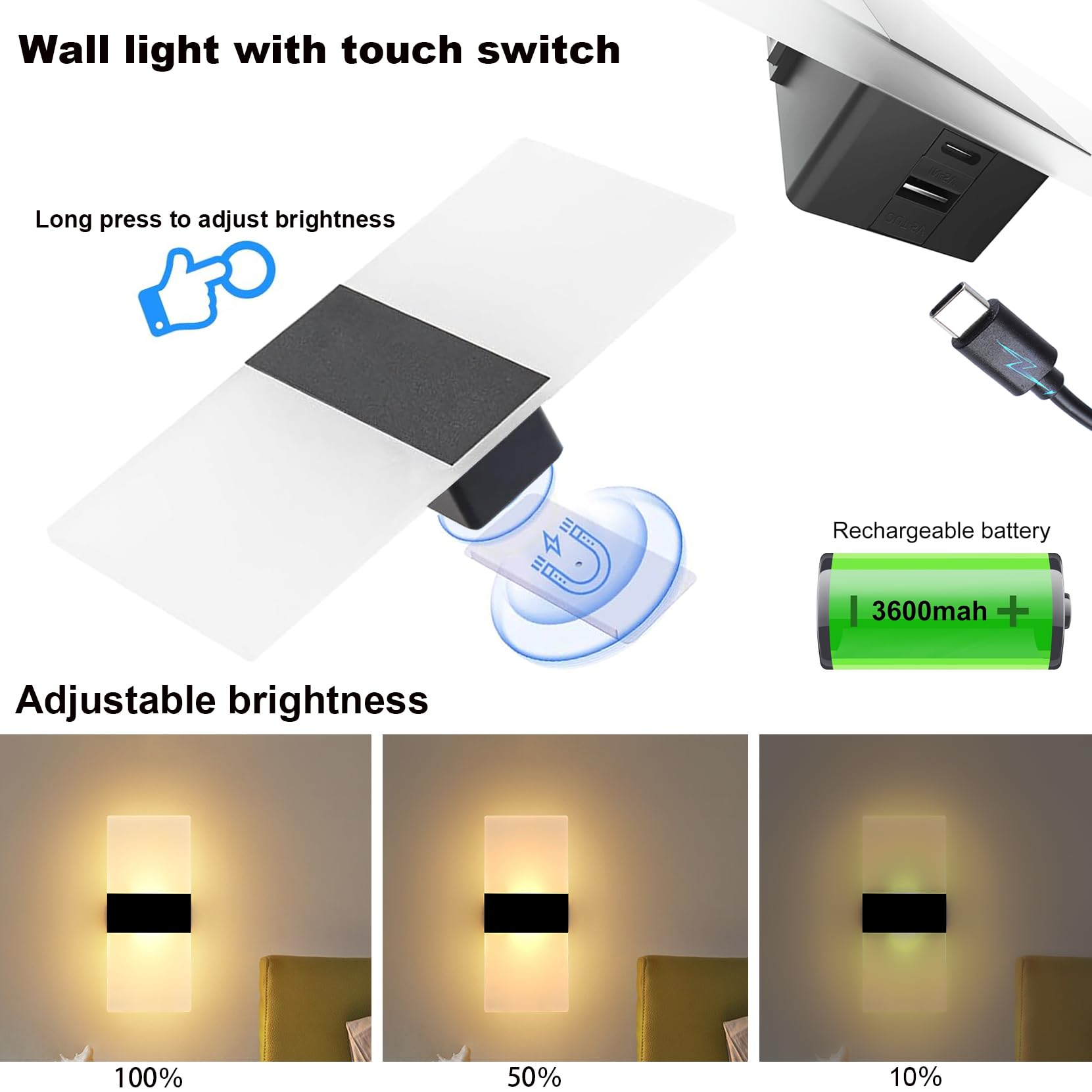 Rechargeable LED Wall Sconce Set of 2 - Battery Operated Touch Control Dimmable Wireless Wall Lights with Magnetic Mount, Modern Bedside Lamps for Bedroom, Living Room, Hallway & Home Decor | Perfect for Night Reading, Ambient Lighting and Space-Saving Wall Decor