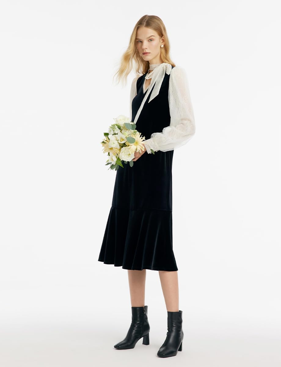 Elegant Black Formal Dress for Women - Silk & Lace Long Sleeve V-Neck Velvet Evening Gown | Perfect for Weddings, Parties, and Special Occasions