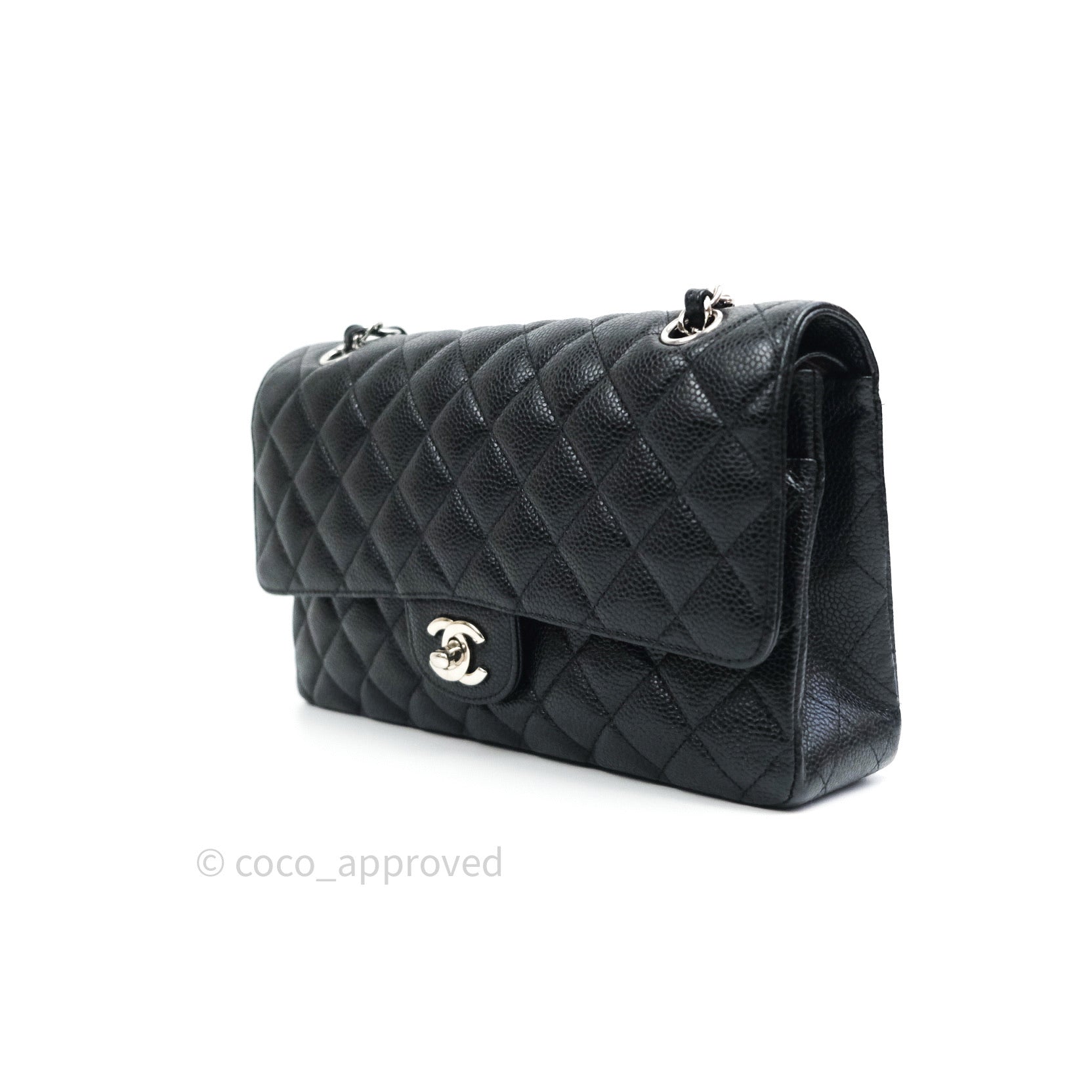 Chanel Classic Double Flap Bag M/L Size in Black Caviar Leather with Silver Hardware - Luxury Handbag for Women, Perfect for Work, Evening Events & Special Occasions