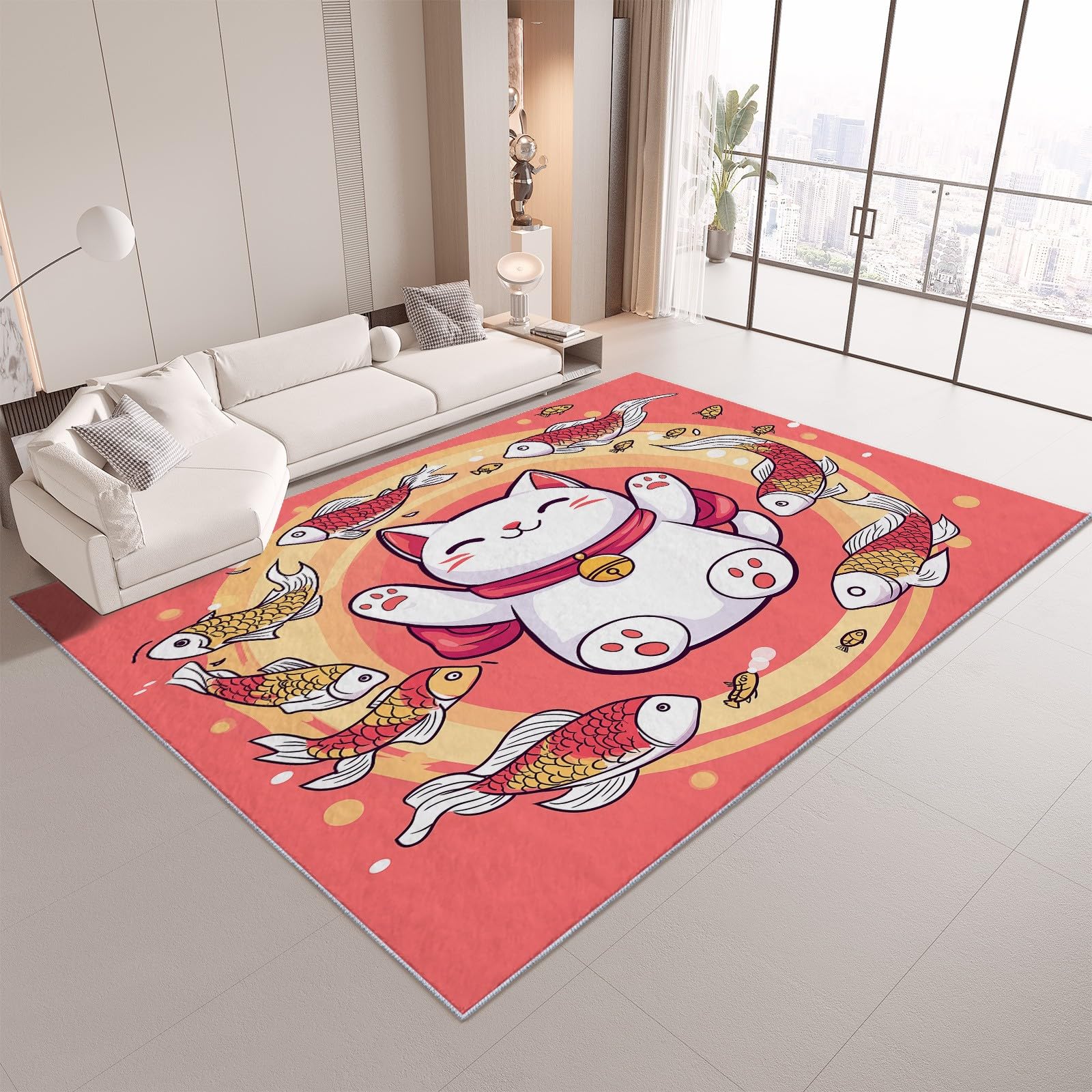 6x9 ft Cartoon Cat and Fish Ultra Soft Washable Area Rug - Non-Slip Indoor Carpet for Living Room, Nursery, Kids Room, Dorm & Home Office Decor | Perfect for Cozy Spaces & Play Areas