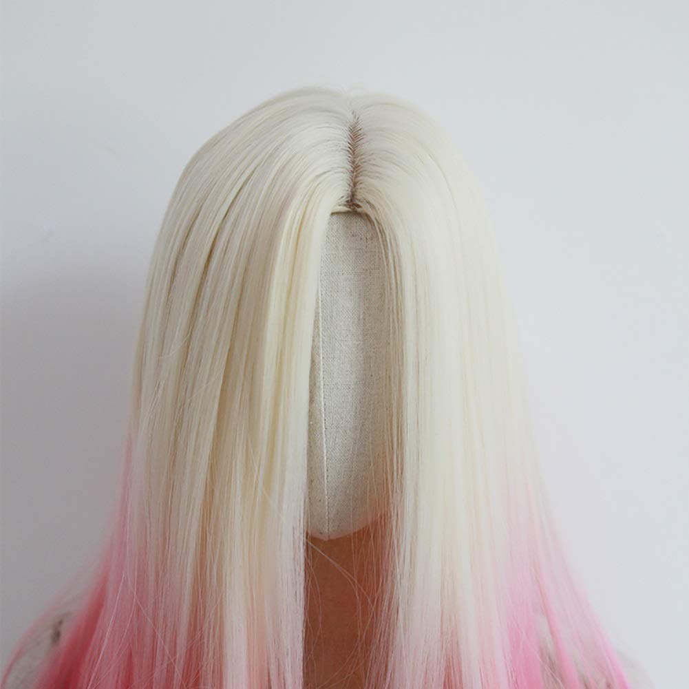 Long Straight Synthetic Hair Wigs for Women - Heat Resistant Freetress Wig with Gradient Pink & Blonde Highlights | Perfect for Cosplay, Parties & Daily Wear (Pink+Blonde)