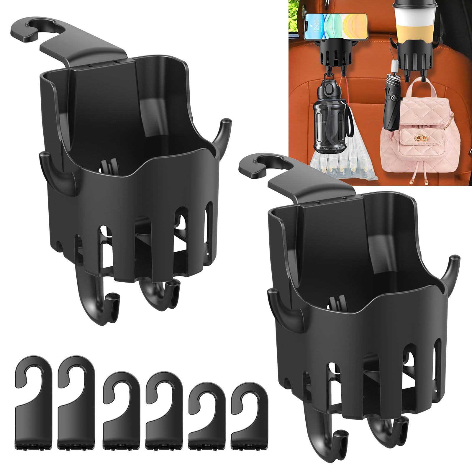 2PCS Car Cup Holder for Headrest - Multifunctional Car Seat Back Hook Organizer for Handbags, Water Bottles & Kids Cups - Perfect for Road Trips, Commuting & Family Travel