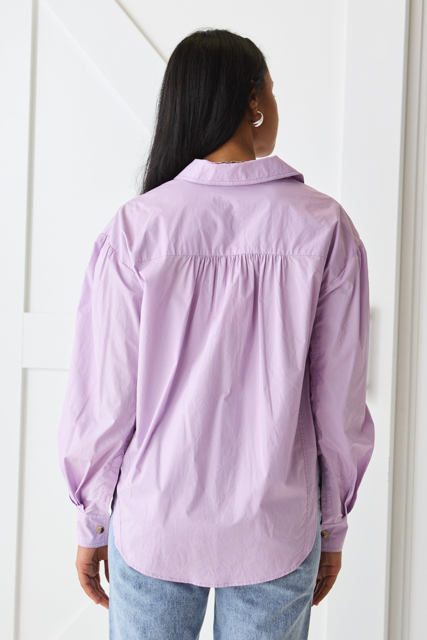 Breezy Lilac Poplin Drop Shoulder Long Sleeve Shirt for Women - Casual Loose Fit Blouse for Spring & Summer Outfits