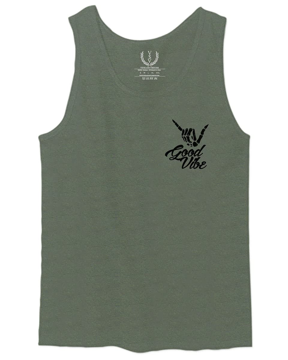 Cool Vintage Hipster Graphic Men's Tank Top - Black Good Vibe Bones Hand Shaka Design | Casual Summer Wear, Beach Outfit, Music Festival Apparel