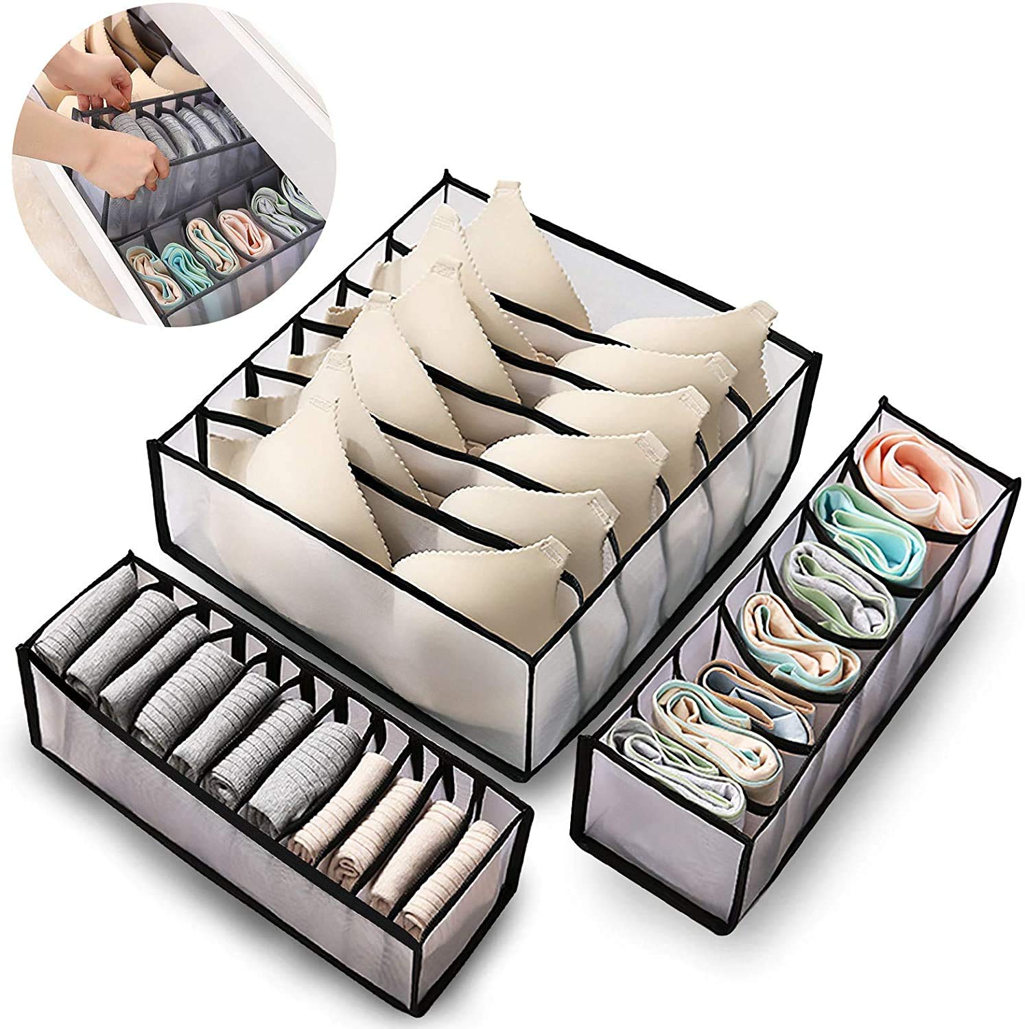 WUMC 3-Piece Foldable Drawer Organizer Set - Expandable Storage Box for Underwear, Bras, Socks, Ties & Accessories | Space-Saving Closet & Dresser Organizer for Bedroom, Office & Travel
