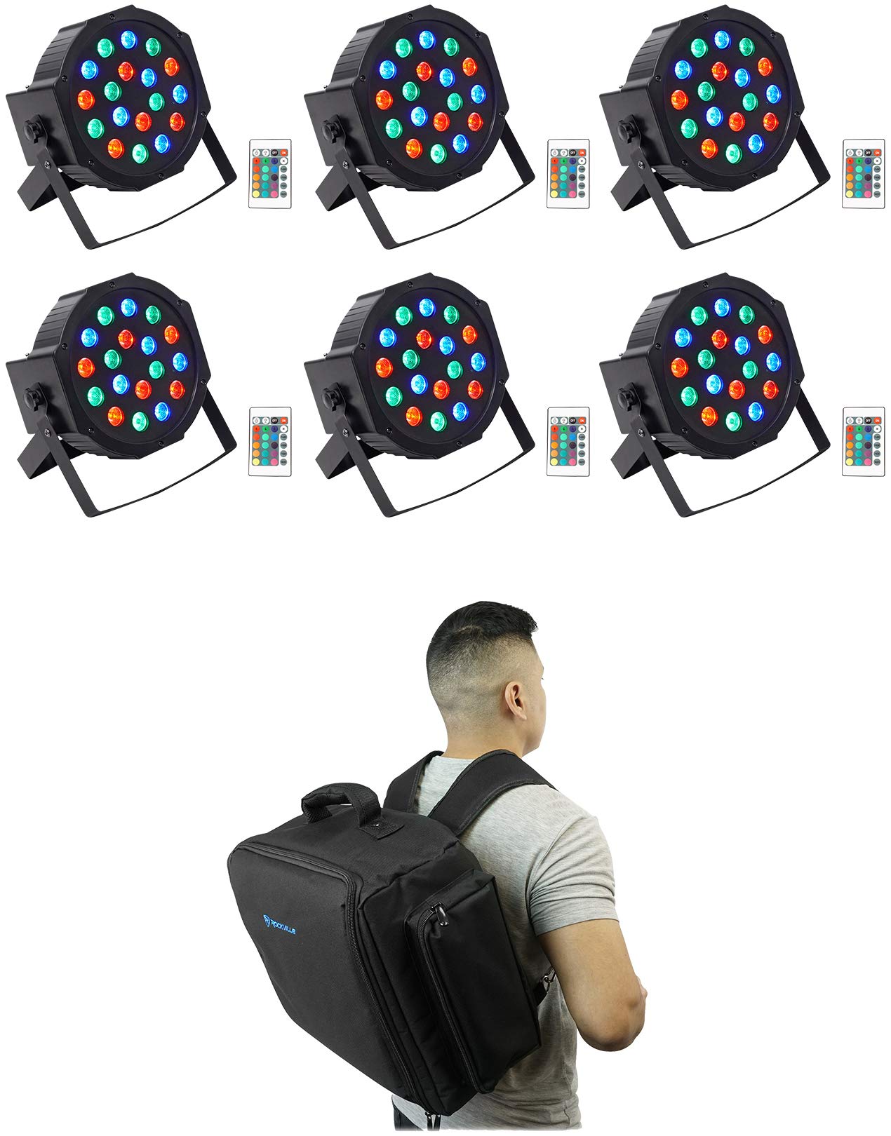 Rockville Rechargeable PAR 50 Battery DJ Lights with Remote & Backpack - 6 Pack DMX Wash Uplights for Weddings, Parties & Stage Lighting