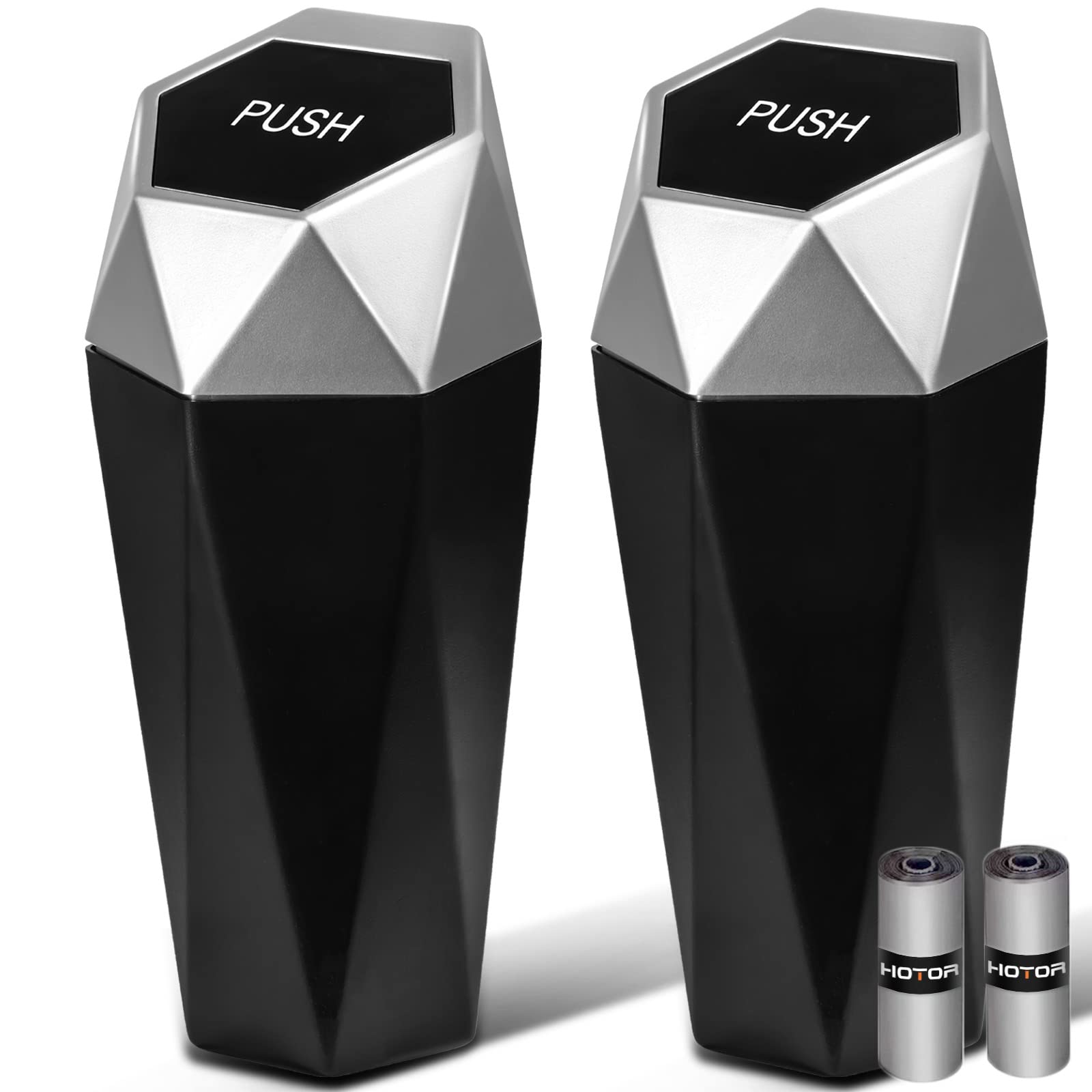 HOTOR 2 Pack Car Trash Can with 30 Leakproof Trash Bags - Mini Car Garbage Bin for Interior Organizing, Multipurpose Auto Accessories for Car, Home & Office Use - Silver (Perfect for Road Trips, Commuting & Keeping Vehicles Clean)