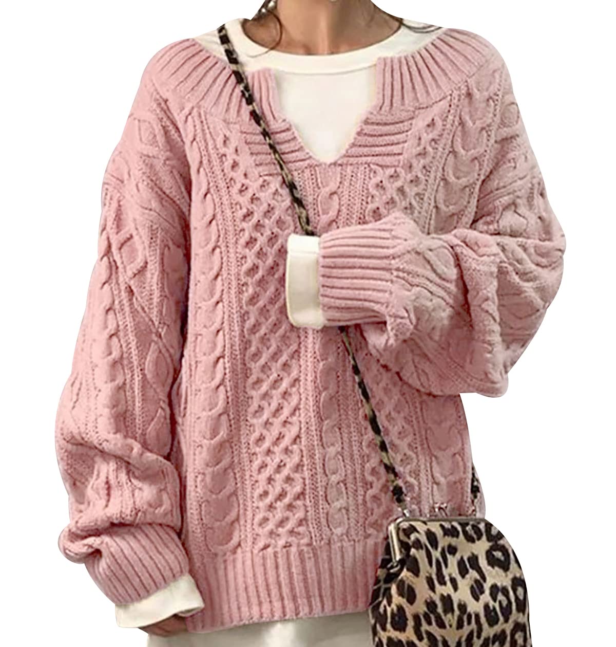 Women's Chunky Knit V-Neck Oversized Cable Sweater - Long Sleeve Baggy Pullover Jumper for Casual Wear & Winter Outfits | Cozy Fall Fashion, Lounge Wear, Gift for Her