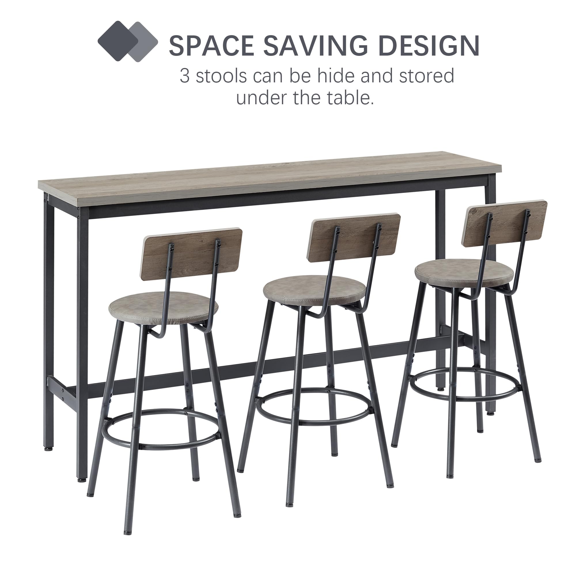 GNIXUU 4-Piece Industrial Bar Table Set with Sofa Table & 3 Upholstered Backrest Stools - Counter Height Dining Set for Small Spaces, Breakfast Nook, Living Room, Kitchen Island or Patio (Grey)