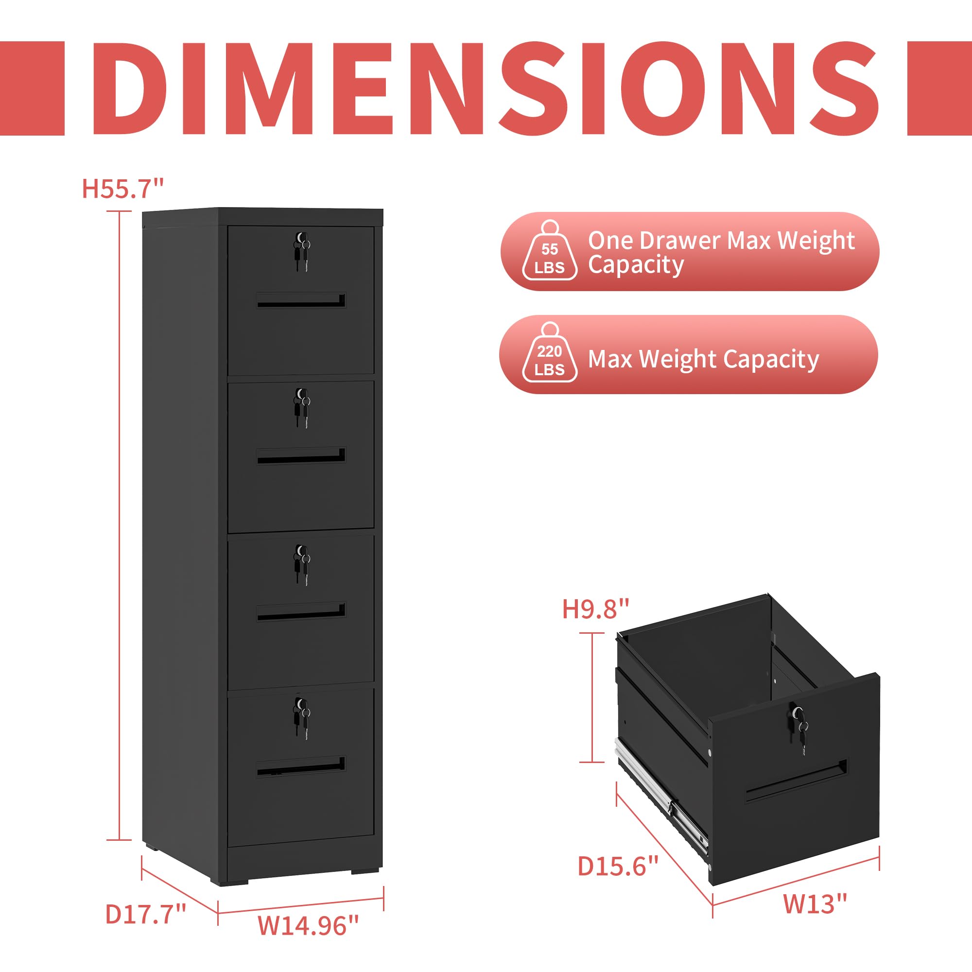 4-Drawer Vertical File Cabinet with Lockable Drawers - Heavy Duty Black Metal Filing Cabinet for Home Office - Organize A4/Letter/Legal Size Documents - Perfect for Office Storage & Document Security (Assembly Required)