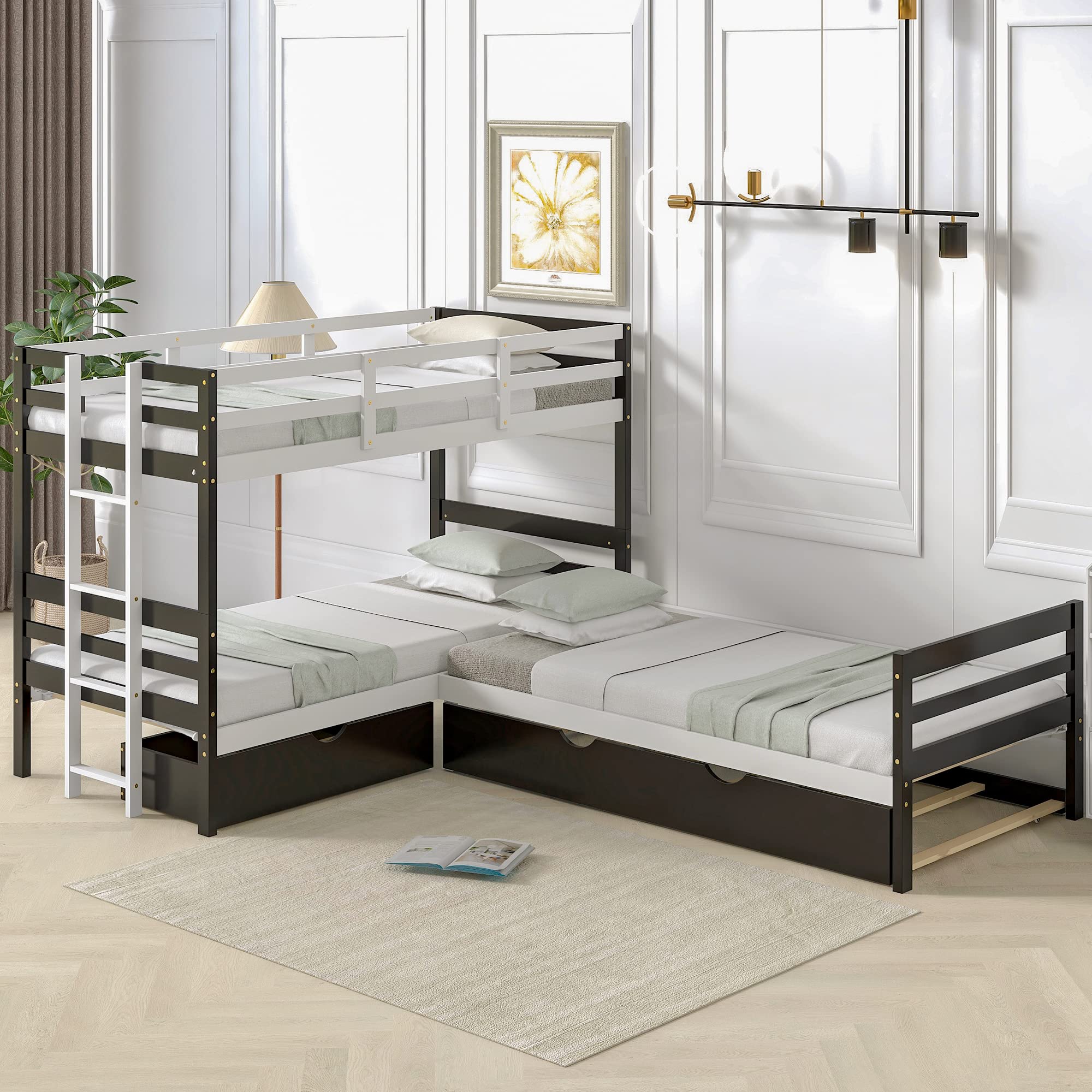 Twin Size L-Shaped Bunk Bed with Trundle & Storage Drawer - 4-in-1 Wooden Platform Bed Frame with Ladder & Guardrails for Kids, Teens & Adults (Espresso) - Perfect for Small Bedrooms, Guest Rooms & Space-Saving Kids' Rooms