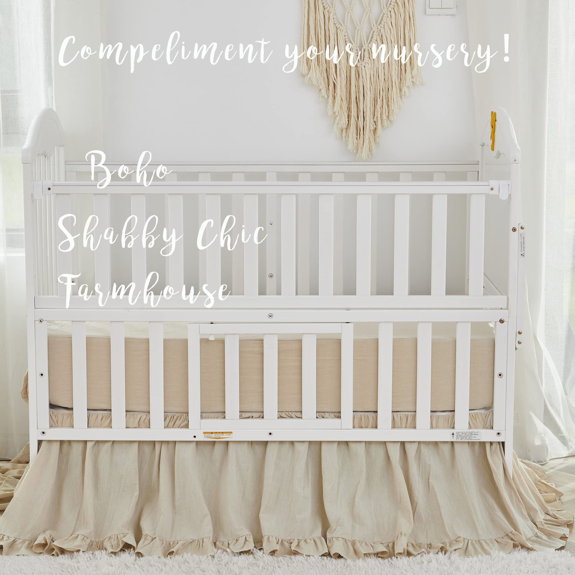 Brandream Gender Neutral Boho Bohemian Baby Crib Bedding Set - 3 Piece Washed Cotton Nursery Set in Solid Beige with Ruffles | Farmhouse Chic Unisex Design for Boys & Girls | Perfect for Cozy Nursery Decor and Baby Shower Gifts