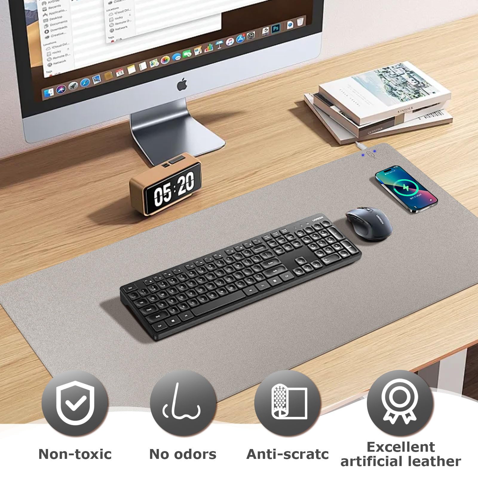 Firelison 2-in-1 Wireless Charging Mouse Pad - Leather Desk Mat with Non-Slip Rubber Base, 32x16 Inch Waterproof Office Desk Pad for Computer, Work & Home Decor (Grey) - Perfect for Workspace Organization & Device Charging