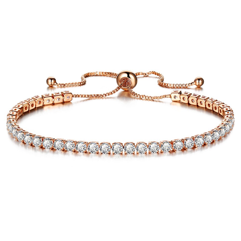 PRETTERY Adjustable White Gold & Rose Gold Plated Cubic Zirconia Tennis Bracelet for Women & Girls - Elegant Jewelry Gift for Anniversary, Birthday & Special Occasions