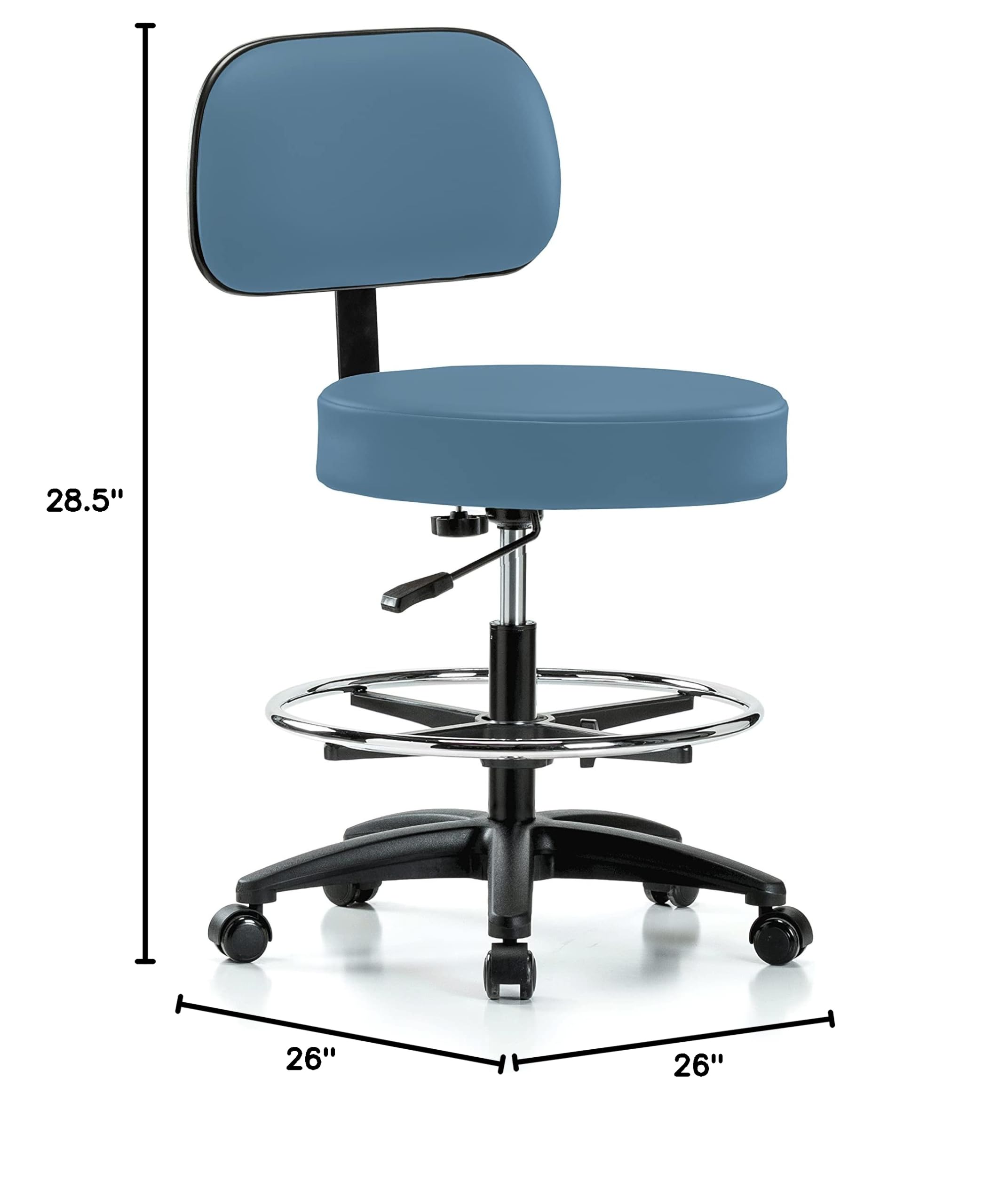 Perch Walter Rolling Height Adjustable Exam Stool with Backrest & Footring - 300lb Capacity for Hardwood/Tile Floors | Colonial Blue Vinyl Upholstery | Perfect for Medical Offices, Labs & Workbenches