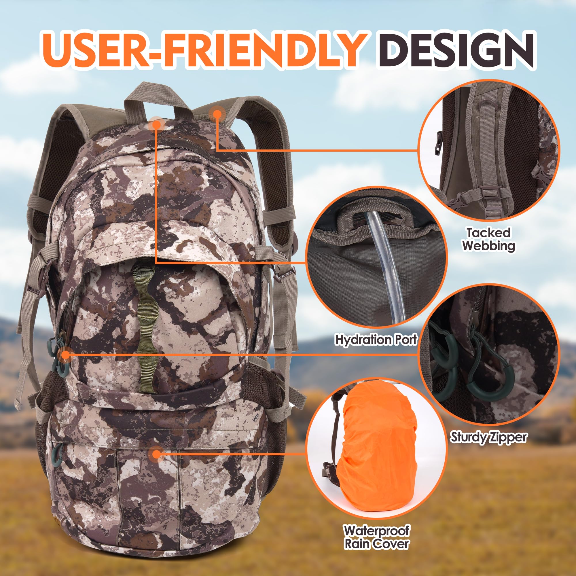 **38L Camouflage Hunting Backpack – Waterproof Rain Cover, Durable Large Capacity Day Pack for Hunting, Hiking, Fishing & Shooting – Perfect for Outdoor Adventures & Tactical Missions**