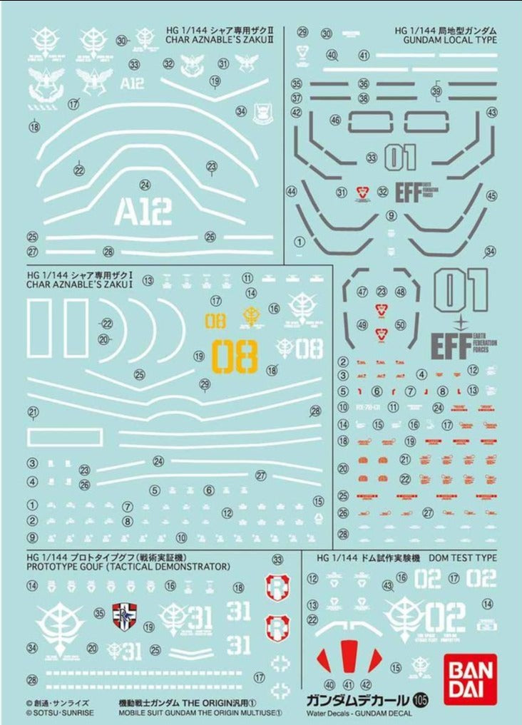 Bandai Gundam Water Slide Decals #105 for 1/144 HG Mobile Suit Gundam The Origin - Multi-Use Transfer Decal Stickers for Model Kits - Perfect for Customizing, Collecting & Displaying Gundam Models