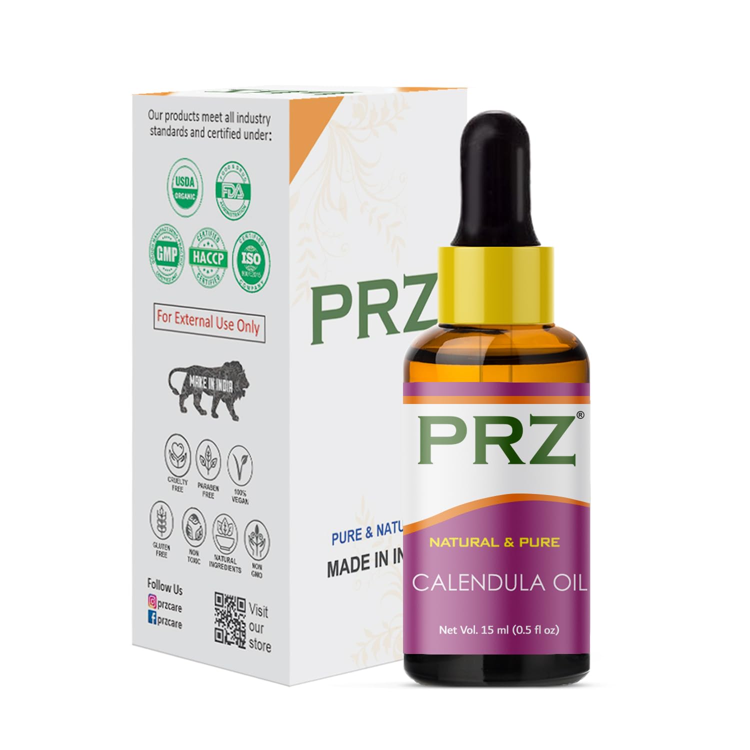 PRZ Calendula Essential Oil - 100% Pure Natural for Skin Care, Hair Growth & Aromatherapy, 15ml - Perfect for Massage, DIY Beauty & Relaxation