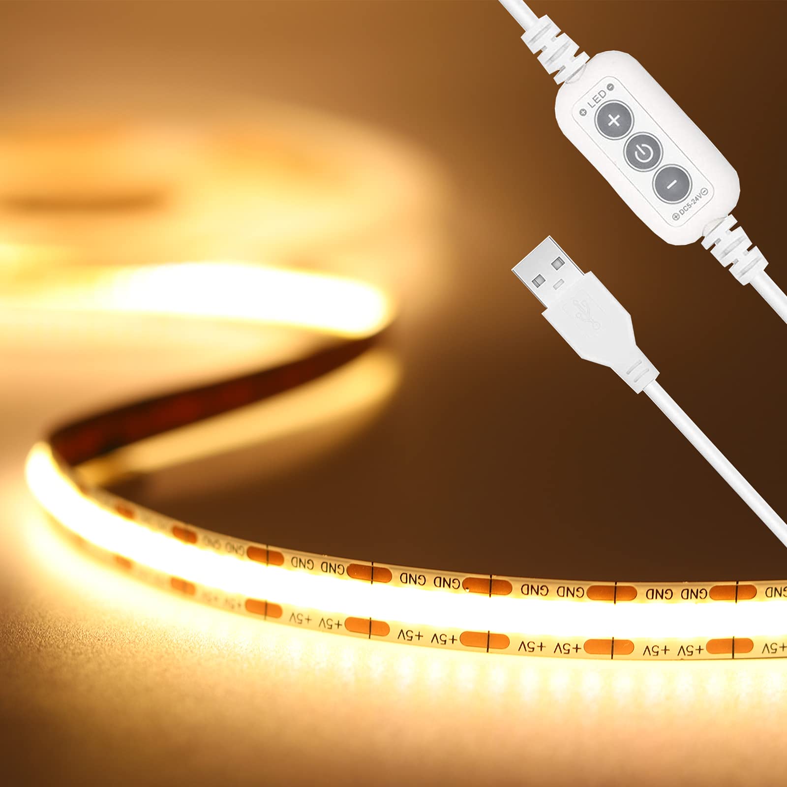 PAUTIX USB 2M 5V COB LED Strip Light - 640 LEDs Warm White 3000K Dimmable Flexible Tape Light with High CRI85+ | Perfect for TV Backlight, Mirror Lighting, Cabinet & Wardrobe Illumination, Home DIY Projects, Kitchen Under Cabinet, Bedroom Ambience, Gaming Setup & Party Decor