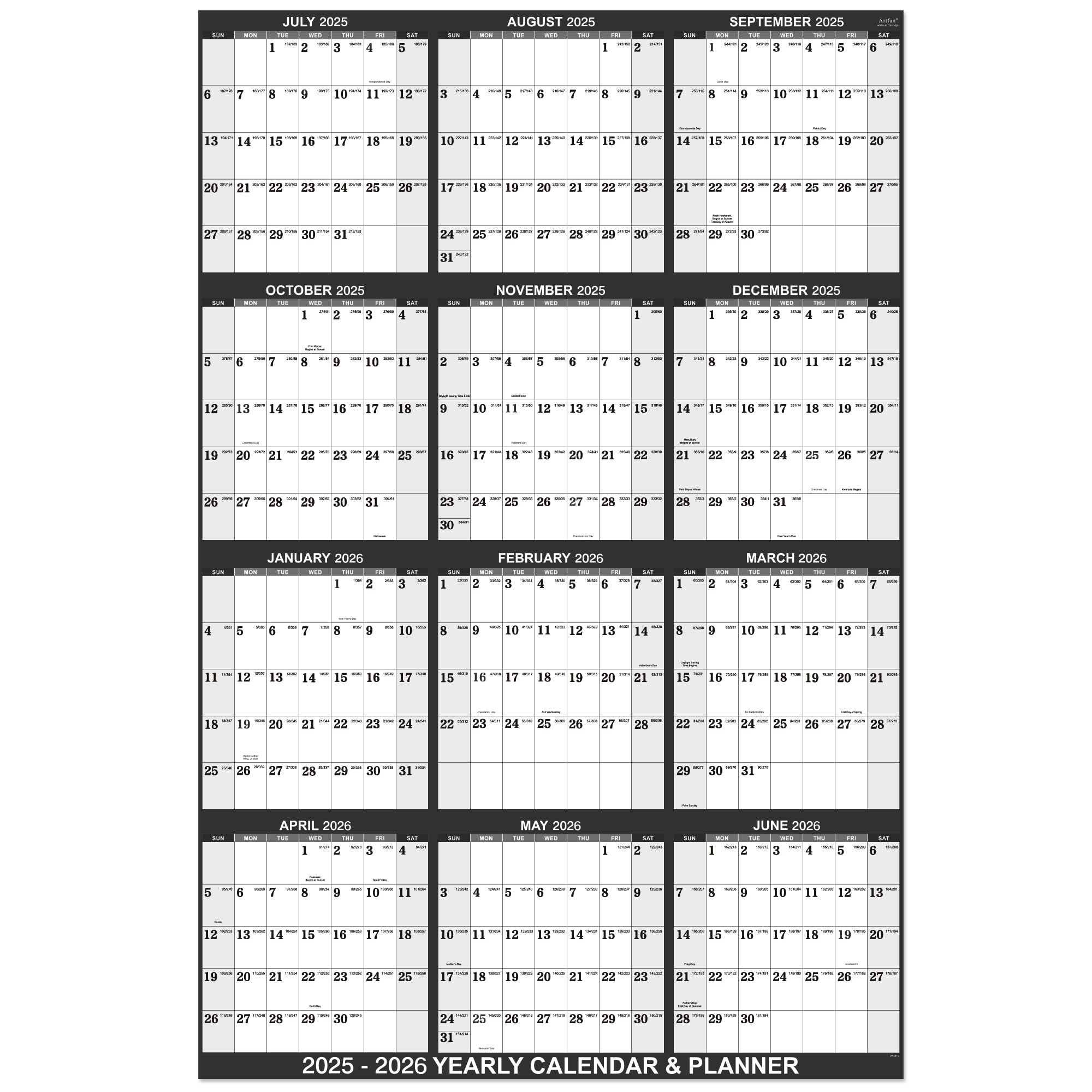 2025-2026 Yearly Wall Calendar with Julian Dates | July 2025-June 2026 | Thick Paper Vertical Hanging Calendar | 22.8