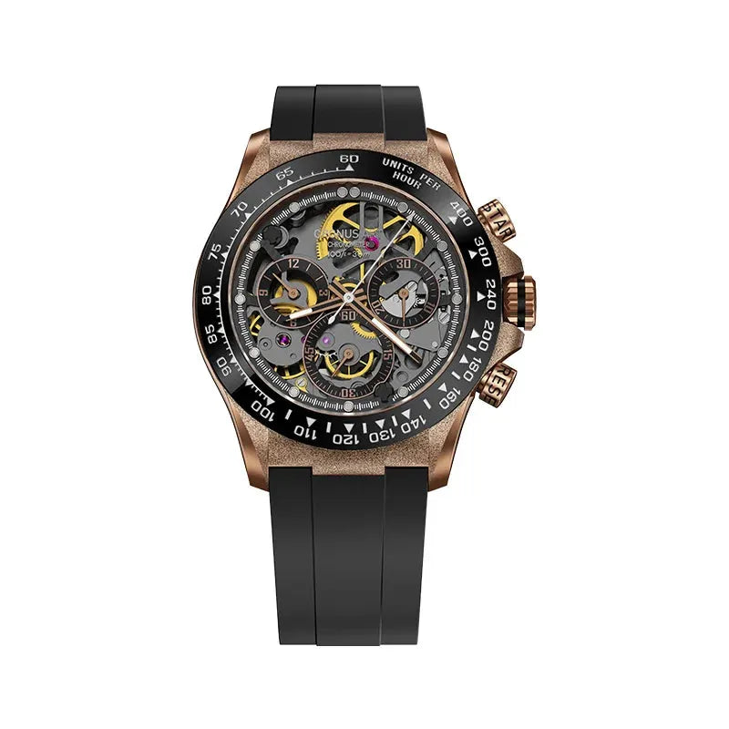 CRONUSART Men's Automatic Chronograph Watch 42mm - Luminous Triple Window Hollow Dial, Fluororubber Strap - Mechanical Wristwatch for Business, Casual & Outdoor Activities