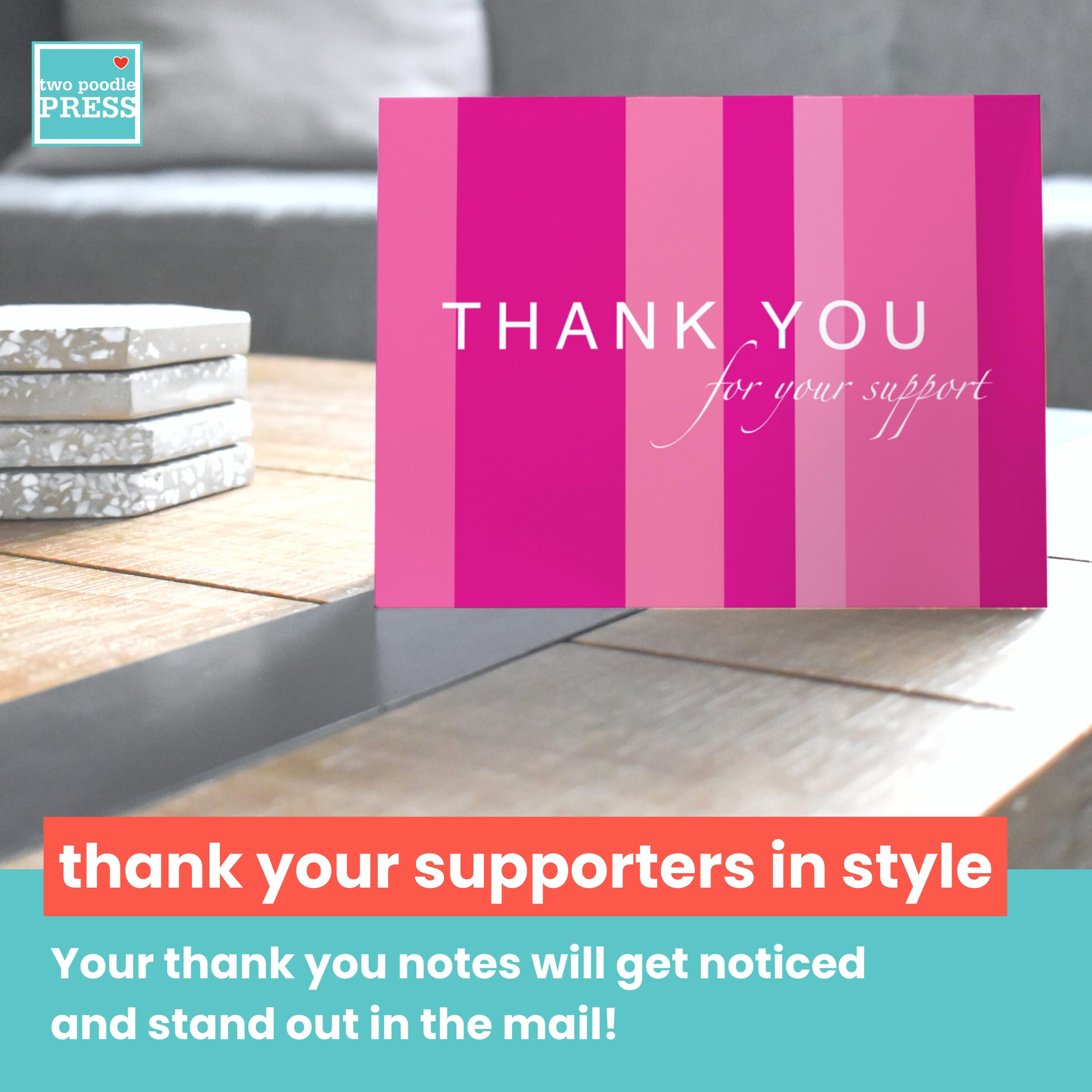 20 Pink Ribbon Breast Cancer Support Thank You Cards - Hot Pink Charity Event Cards for Awareness Walks & Runs - Jenna by Two Poodle Press | Perfect for Survivor Gifts, Fundraisers & Support Groups