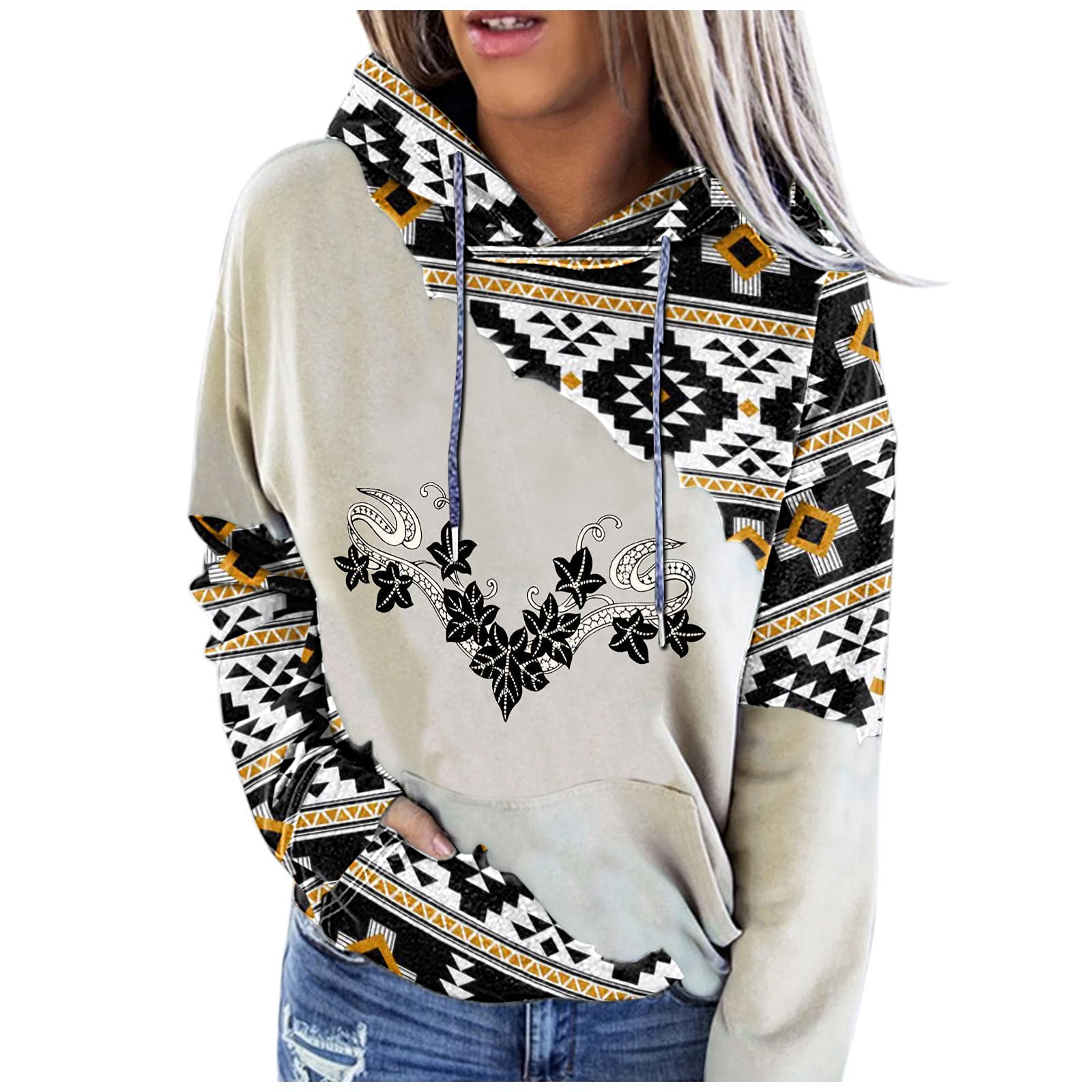 Vintage Women's Pullover Hoodie with Pocket & Drawstring - Long Sleeve Ethnic Print Zip Up Sweater for Casual Wear, Street Fashion & Outdoor Activities
