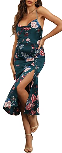Cantonwalker Women's Satin Spaghetti Strap Cowl Neck V-Back Slip Dress - Elegant Cocktail & Formal Midi Dress in Dark Green Floral (Size L) - Perfect for Evening Parties, Weddings, and Special Occasions