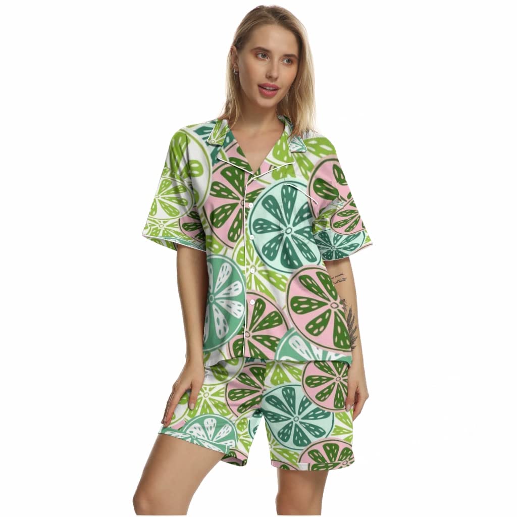 Women's Lemon Print Silk Pajama Set - Short Sleeve Comfort Sleepwear for Lounge & Bedtime
