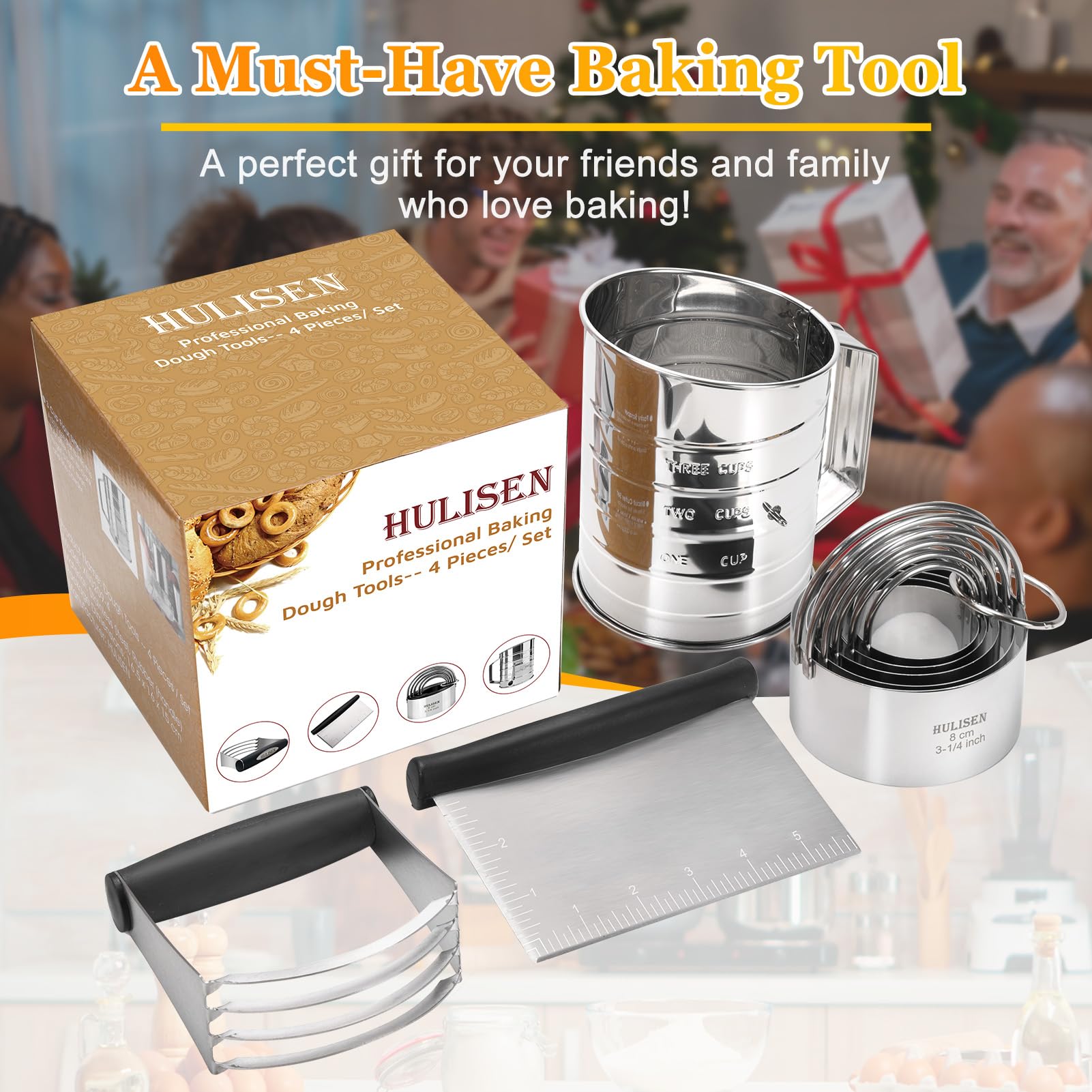 HULISEN 4-Piece Stainless Steel Pastry Cutter Set - Dough Blender, Flour Sifter & Biscuit Cutter - Professional Baking Tools for Cookies, Pies, Donuts & Pastries - Perfect for Home Bakers & Commercial Kitchens