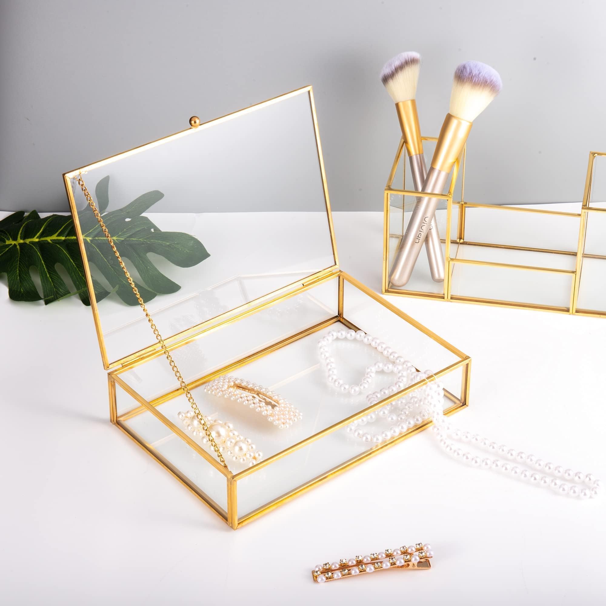 Feyarl Gold Glass Jewelry Box - 5x7 Photo Card Organizer with Lid - Decorative Keepsake Storage Case for Rings, Necklaces & Small Treasures - Perfect for Home Decor, Gift Wrapping & Vanity Display (8.66 x 5.9 x 1.96 Inches)