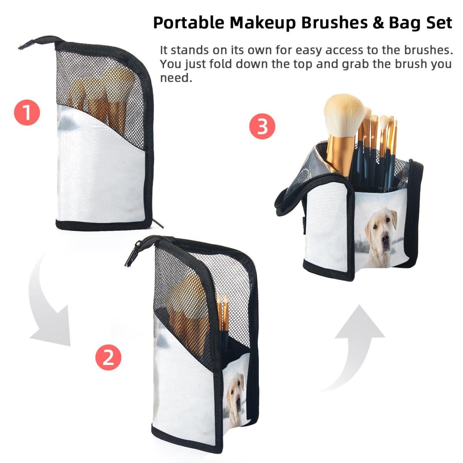 12-Piece Makeup Brush Organizer Bag with Labrador Retriever Print - Portable Travel Cosmetic Brush Holder Case for Professional Makeup Artists & Beginners (Perfect for Travel, Home Use & Salon Storage)