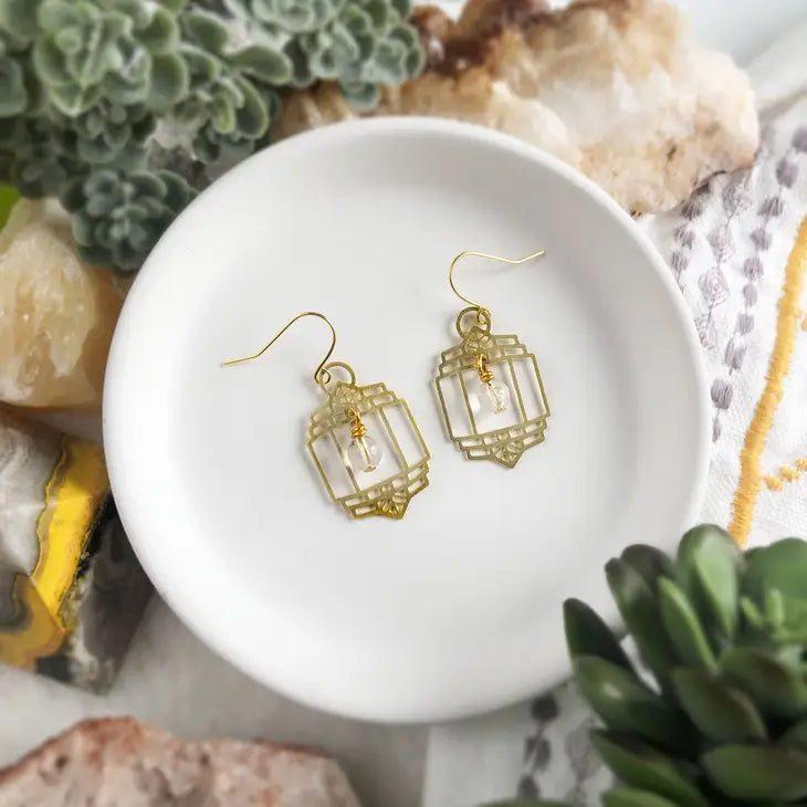 Art Deco Style Tea Leaf Earrings with Quartz Accents - Gold Plated Jewelry for Women, Elegant Gift for Tea Lovers, Perfect for Parties & Special Occasions