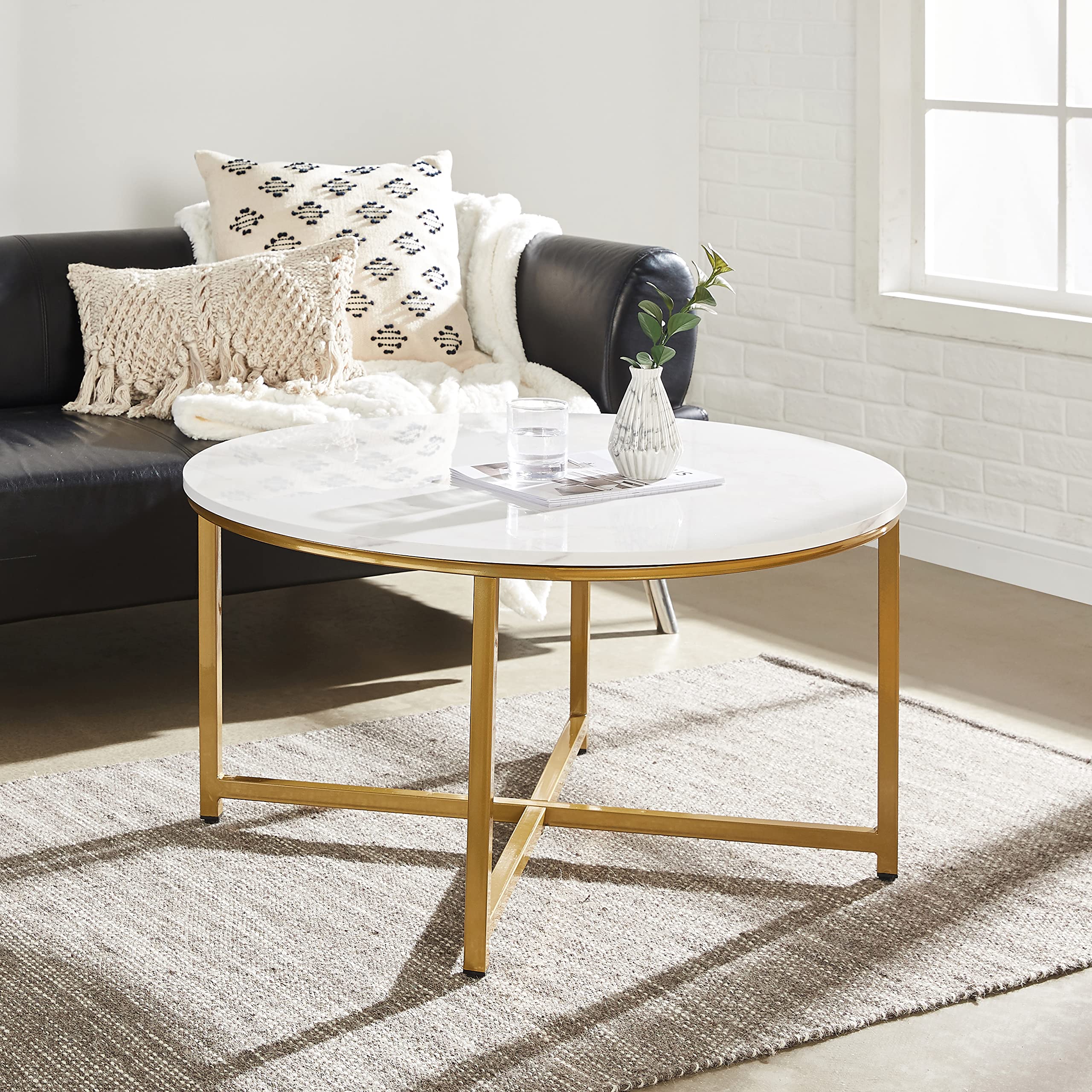 Modern Round Coffee Table with Marble Top & Gold Metal Legs - AZL1 Life Concept Center Table for Living Room, Dining Room | Stylish Sofa Table for Home Decor, Lounge & Office Use