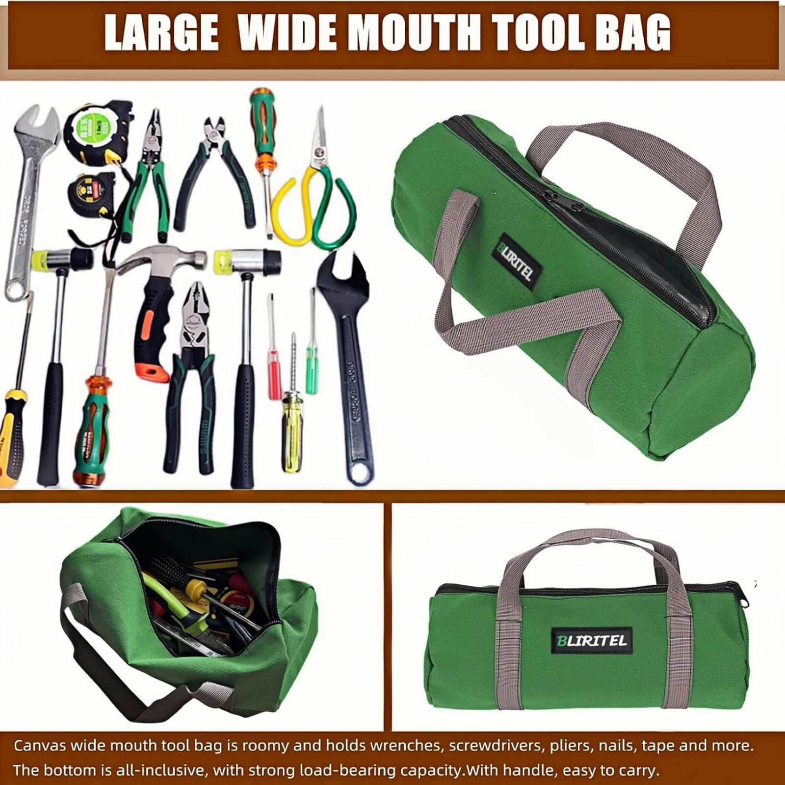 BLIRITEL 12 Inch Heavy Duty Canvas Tool Bag for Men - Large Capacity Wide Mouth Tool Organizer with Multiple Pockets - Perfect for Mechanics, Electricians, Plumbers & DIY Enthusiasts - Ideal for Storing Wrenches, Pliers, Screwdrivers & Hand Tools (Green) - Great for Workshops, Job Sites & Home Garage Use