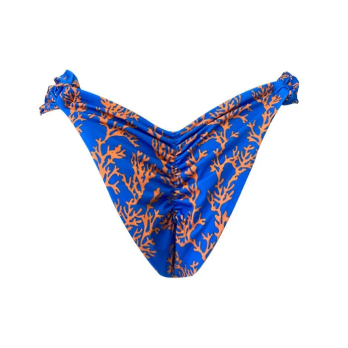Blue Orange Sea Coral Brazilian Classic Side Scrunch Bikini Bottom - Sexy Swimwear for Beach, Pool & Vacation | High Waisted Cheeky Bikini Bottoms for Women