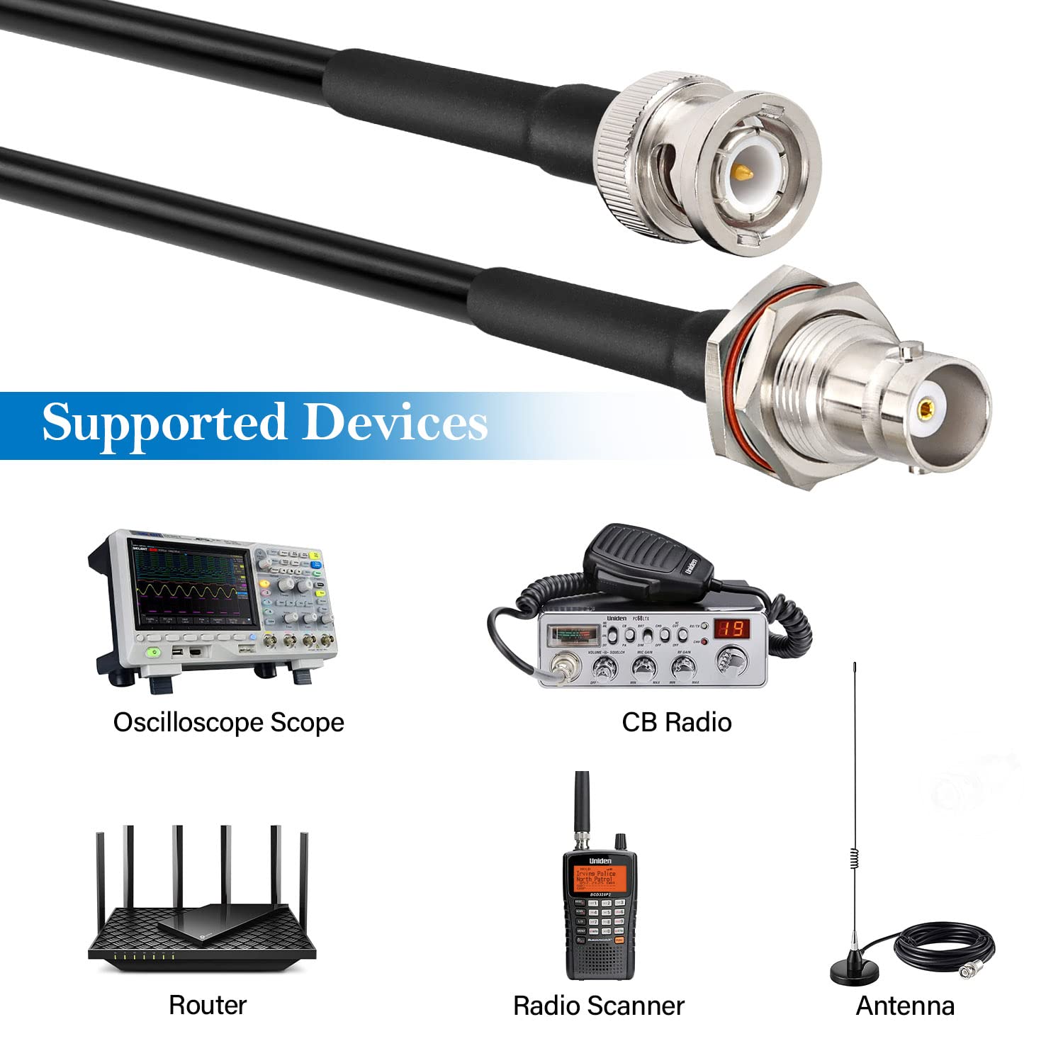 50 Ohm RG58 BNC Cable - 25FT Male to Female Coaxial Extension Cable for CB Radio, VHF Ham Radio, Wireless Microphone, Antenna, CCTV - Low Loss Bulkhead Connector for Professional & Amateur Radio Use