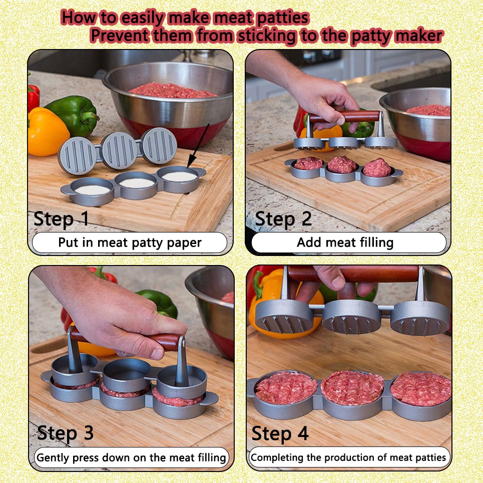 Premium Small Meat Patty Maker with 100 Patty Papers - 3 Pack 2.5-inch Molds for Perfect Burgers - Press Patty Maker Machine Makes 3 Patties Simultaneously - Ideal for Mini Burgers, BBQ, Picnics, Camping & Home Cooking