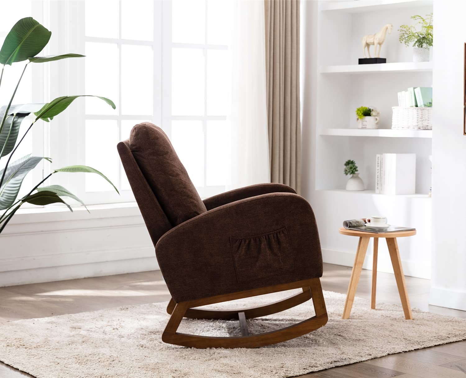 Antetek Modern Upholstered Rocking Chair - Nursery Glider Rocker for Baby & Kids, Comfortable High Back Armchair with Side Pocket - Perfect for Living Room, Nursery, or Bedroom (Coffee)