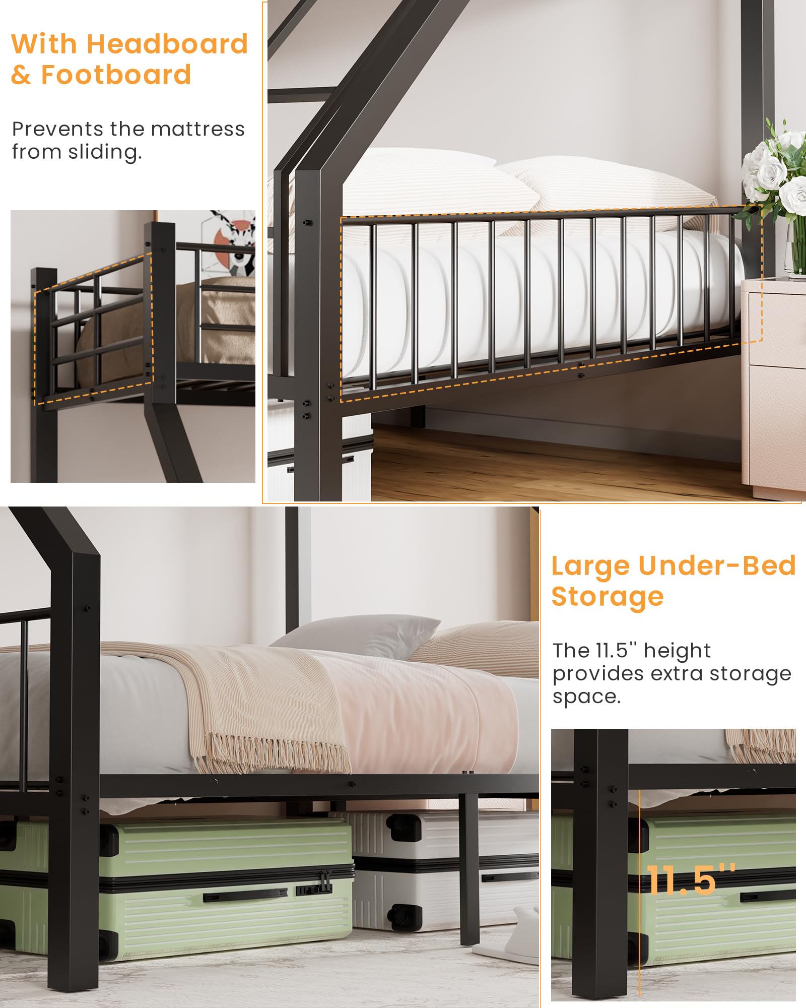 Twin XL Over Queen Bunk Bed - Heavy Duty Metal Frame with Safety Ladder & Full Guardrails - Sturdy Slat Support for Adults, Teens & Kids - Space Saving Black Bunk Bed for Dorms, Guest Rooms & Small Apartments