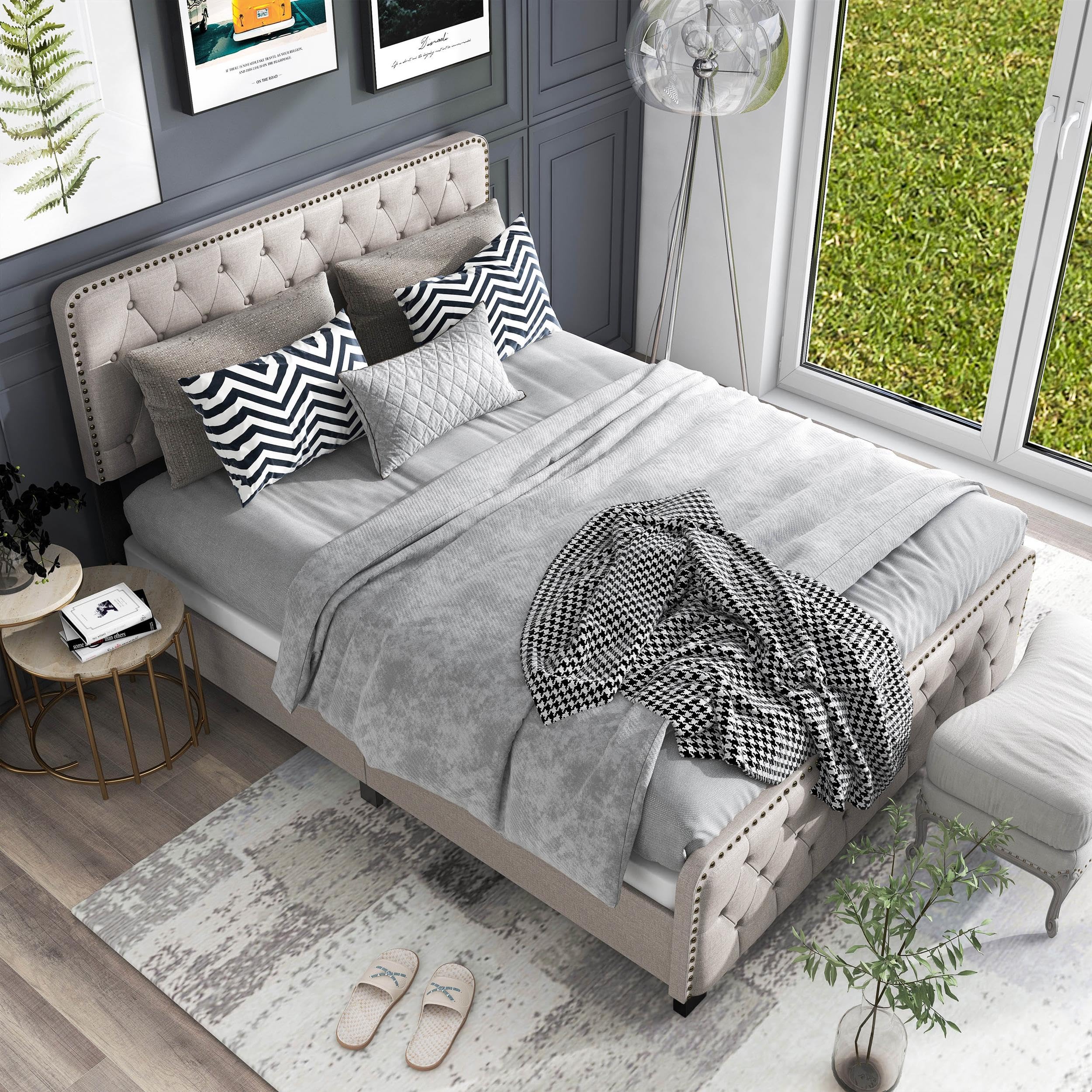 Furniture of America Dexter Beige Button Tufted Queen Upholstered Wood Bed Frame - Elegant Tufted Headboard for Master Bedroom, Guest Room & Home Decor