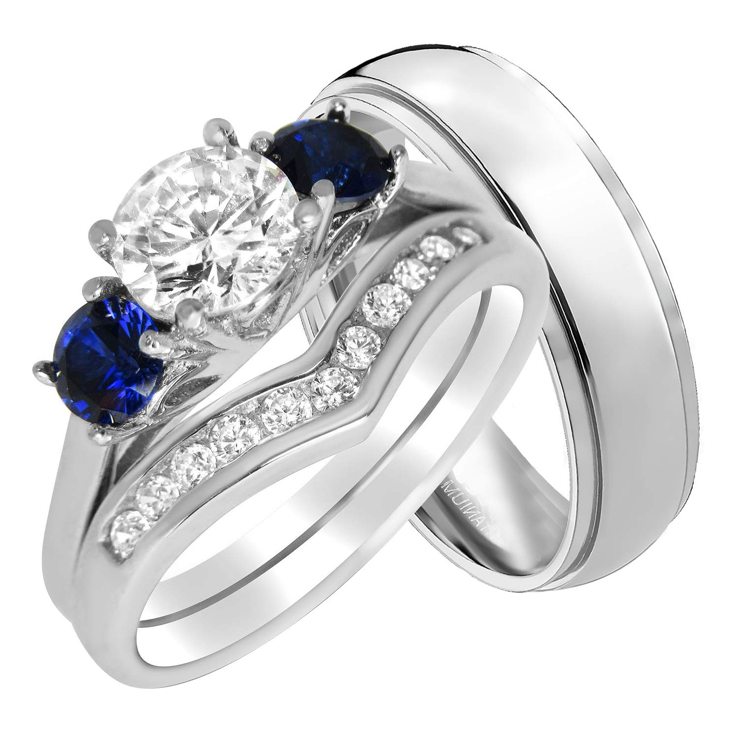 His and Hers Wedding Ring Set - Simulated Sapphire Silver Titanium Wedding Bands for Couples - Perfect for Anniversaries, Engagements & Romantic Gifts