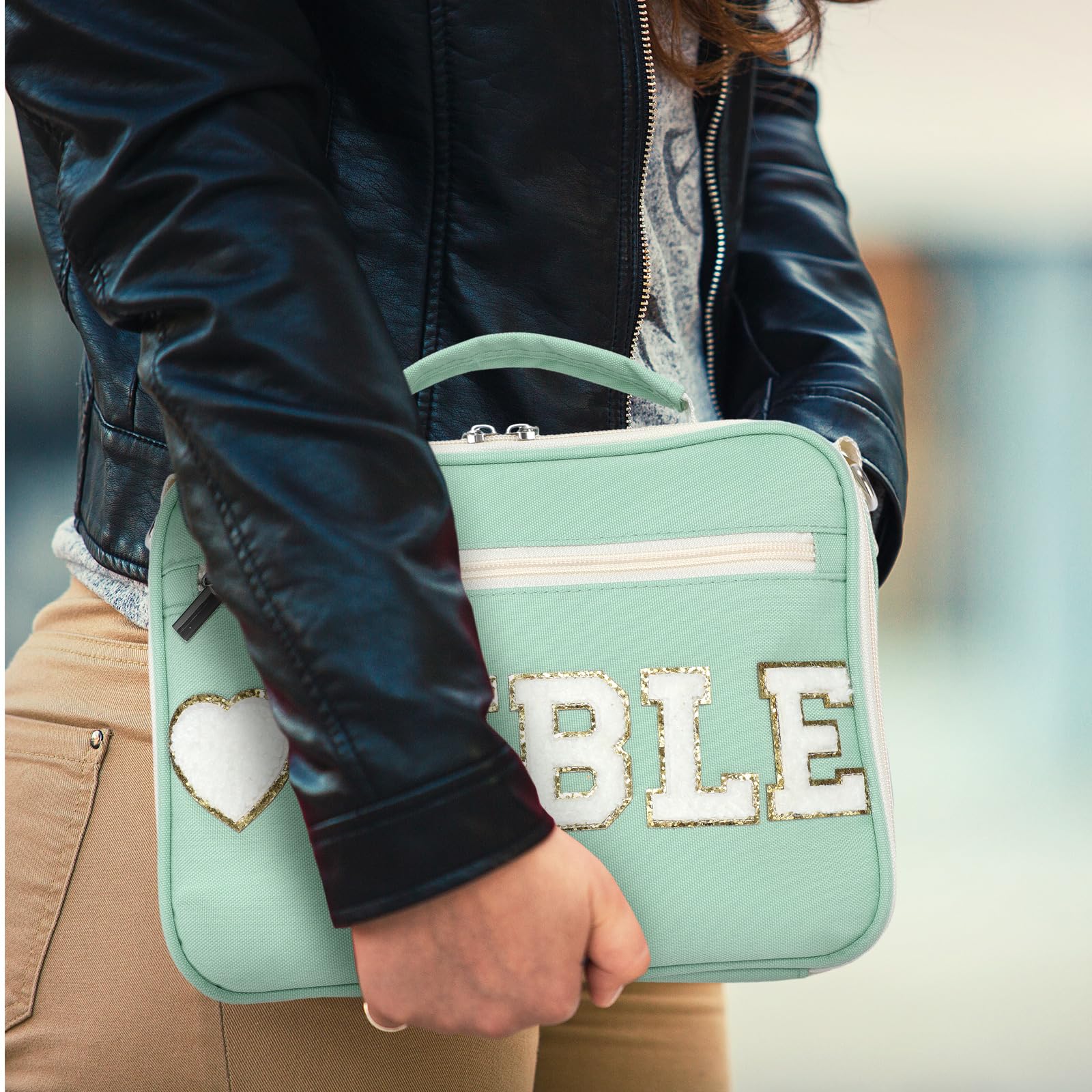 Silkfly Large Chenille Letter Bible Cover for Women - Soft Preppy Patch Bible Case with Handle, Church Bag (Sage Green) | Perfect Gift for Christian Women, Bible Study & Church Services
