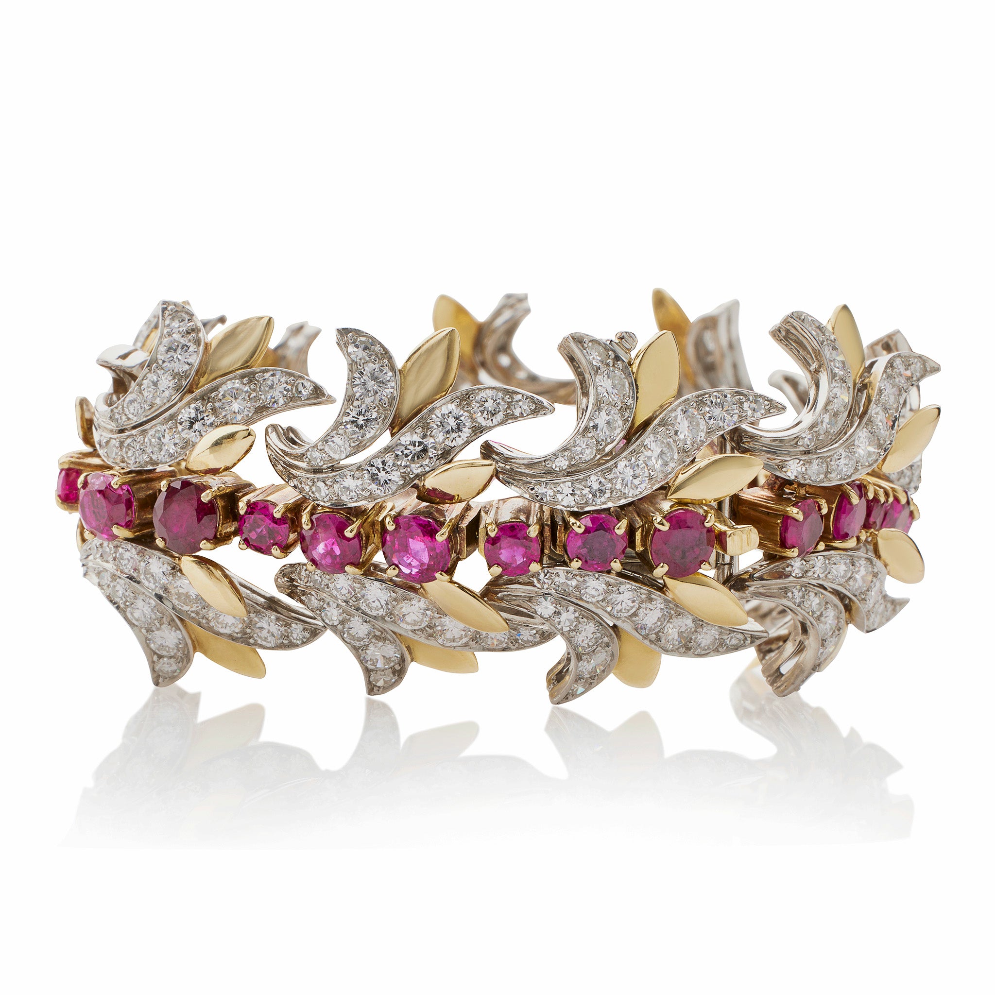 Tiffany & Co. Authentic Burmese Ruby and Diamond Leaf Bracelet - 18K Gold Luxury Jewelry for Women, Perfect for Weddings, Anniversaries & Special Occasions