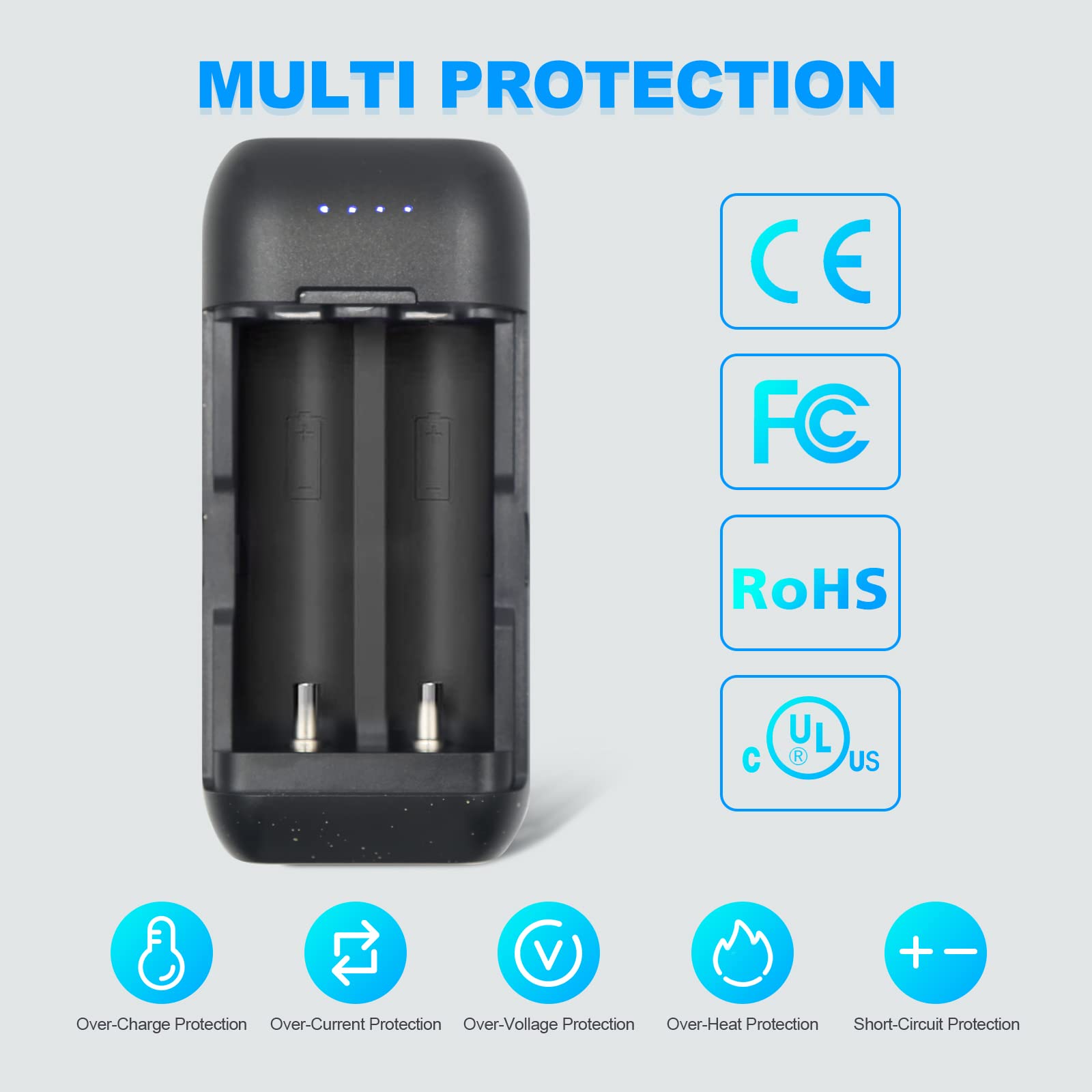 Portable 18650 Battery Charger with USB-C Input - 3.7V Li-ion Rechargeable Battery Charger for 18650/26650/16340 Batteries | Protective Cover & Independent Slots | Perfect for Flashlights, Vape Mods & Electronic Devices