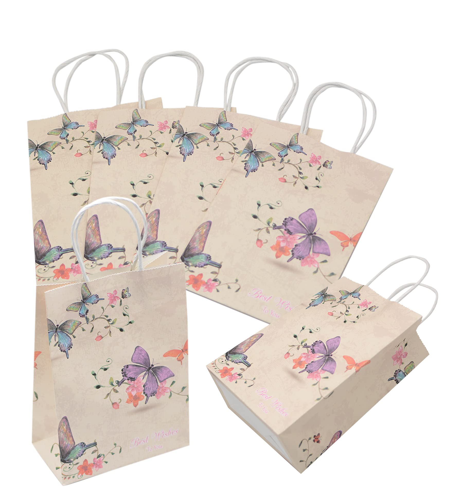 20pcs Small Kraft Paper Gift Bags with Handles - Butterfly Floral Design for Baby Showers, Birthday Parties, Weddings & Christmas | Eco-Friendly Party Favor Bags for Kids Events, Restaurant Takeouts & Retail Stores (20 Pack)