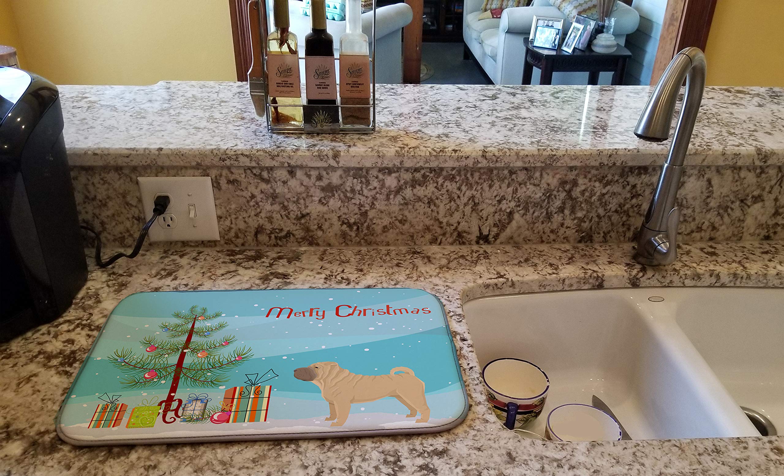 Shar Pei Christmas Tree Dish Drying Mat - Absorbent Kitchen Counter Mat (14x21 Inch) | Holiday Kitchen Decor & Countertop Protector | Perfect for Christmas Dish Drying, Decorating & Gift Giving
