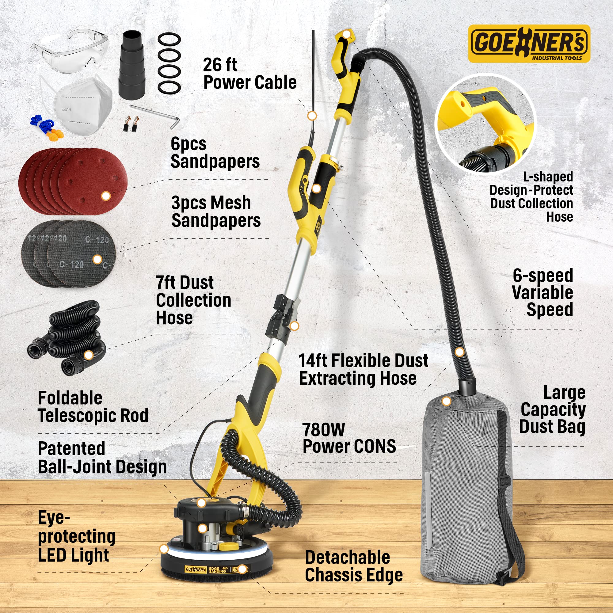 6.5-Amp Electric Drywall Sander with Vacuum - Dustless Wall & Ceiling Sander, 7-Speed Adjustable (900-1800 RPM), Anti-Dust Technology, 26ft Power Cord - Perfect for Popcorn Ceiling Removal, Drywall Repair & Home Renovation Projects