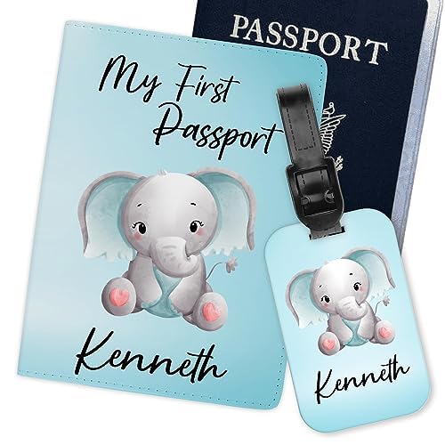 Personalized Baby Boy Passport Holder & Luggage Tag Set - My First Passport Elephant Travel Accessories - Perfect Travel Gift for Infants & Toddlers - Ideal for Airplane Trips, Family Vacations & Baby's First Journey